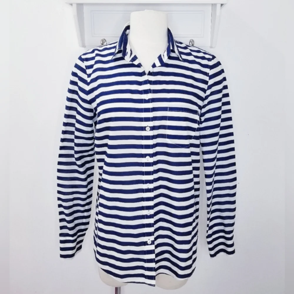 J.Crew Ivory and Navy Stripe Long Sleeve Buttondown Boy Shirt Sz 4